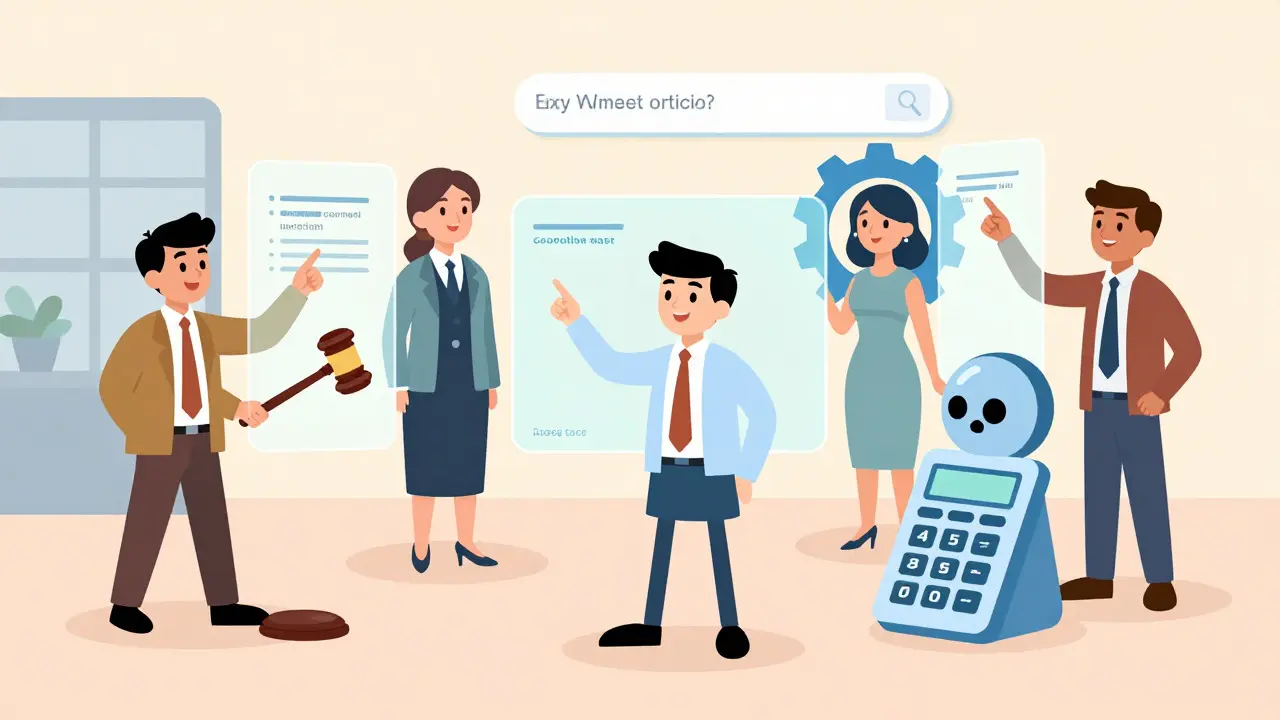 Happy employees interacting with specialized AI agents for legal, finance, and engineering tasks.