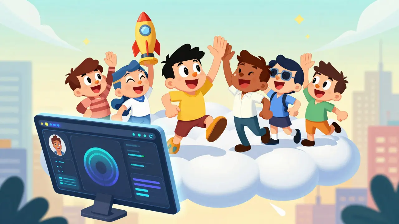 Happy team celebrating successful app launch on cloud