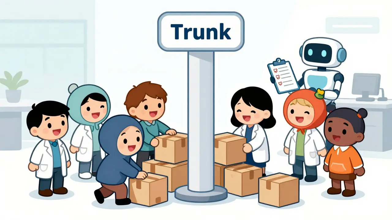 Happy team integrating code via central trunk
