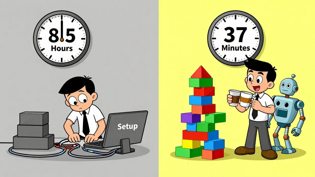 Illustration comparing slow manual setup with fast AI-assisted coding