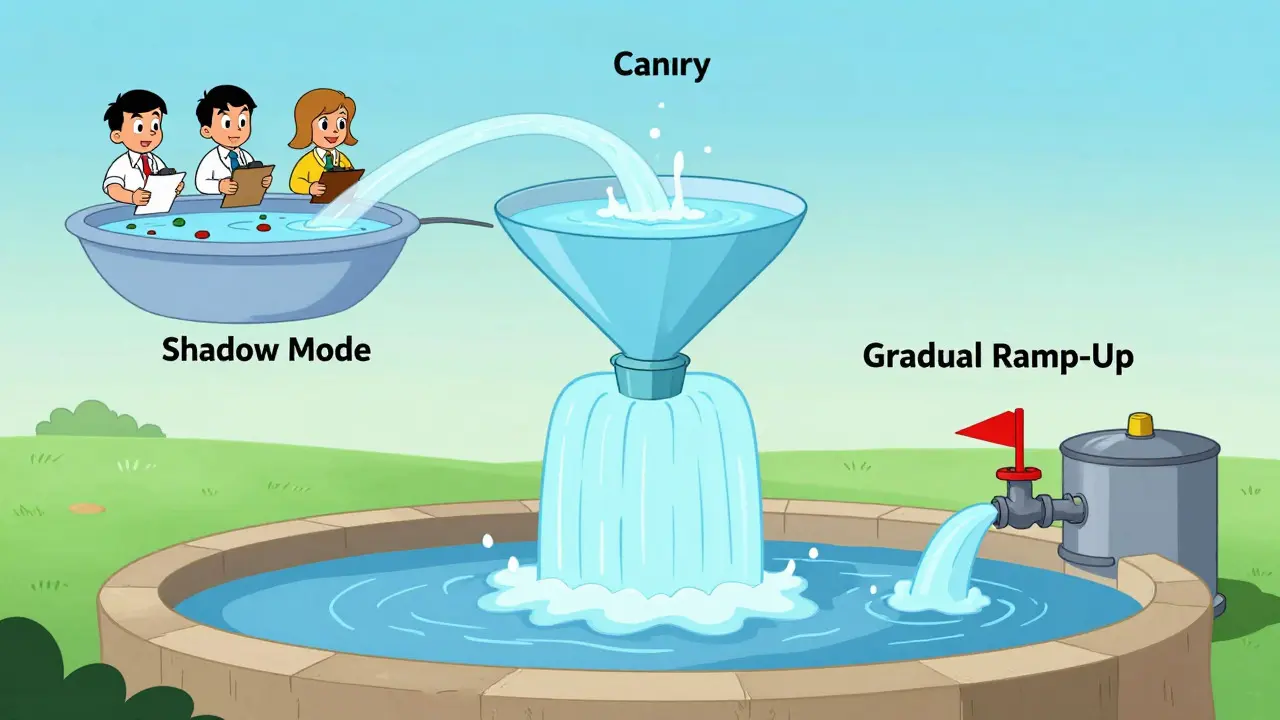 Illustration of a safe, gradual AI model deployment funnel process