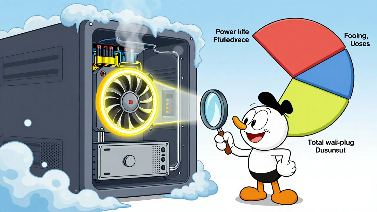 Illustration of a server cross-section showing cooling overhead and hidden energy costs