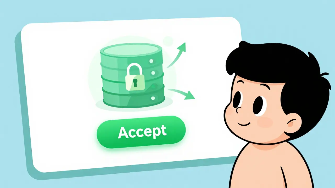 Illustration of a user clicking accept on a consent banner linking to a secure database