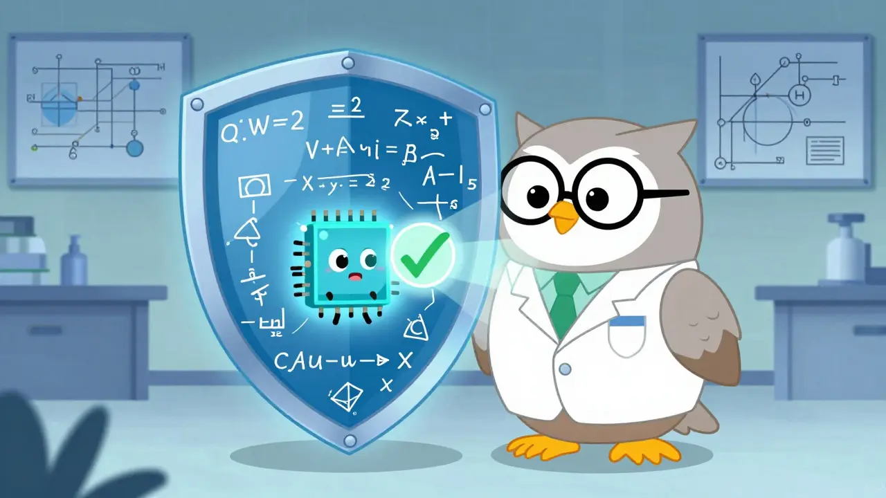 Illustration of an owl expert verifying a secure AI chip with a mathematical shield
