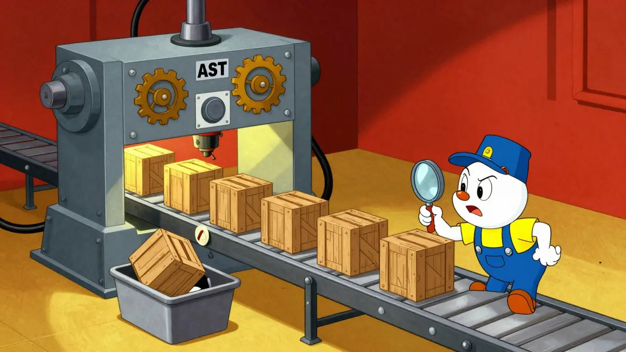 Mechanical assembly line sorting code crates with a mechanic inspecting them