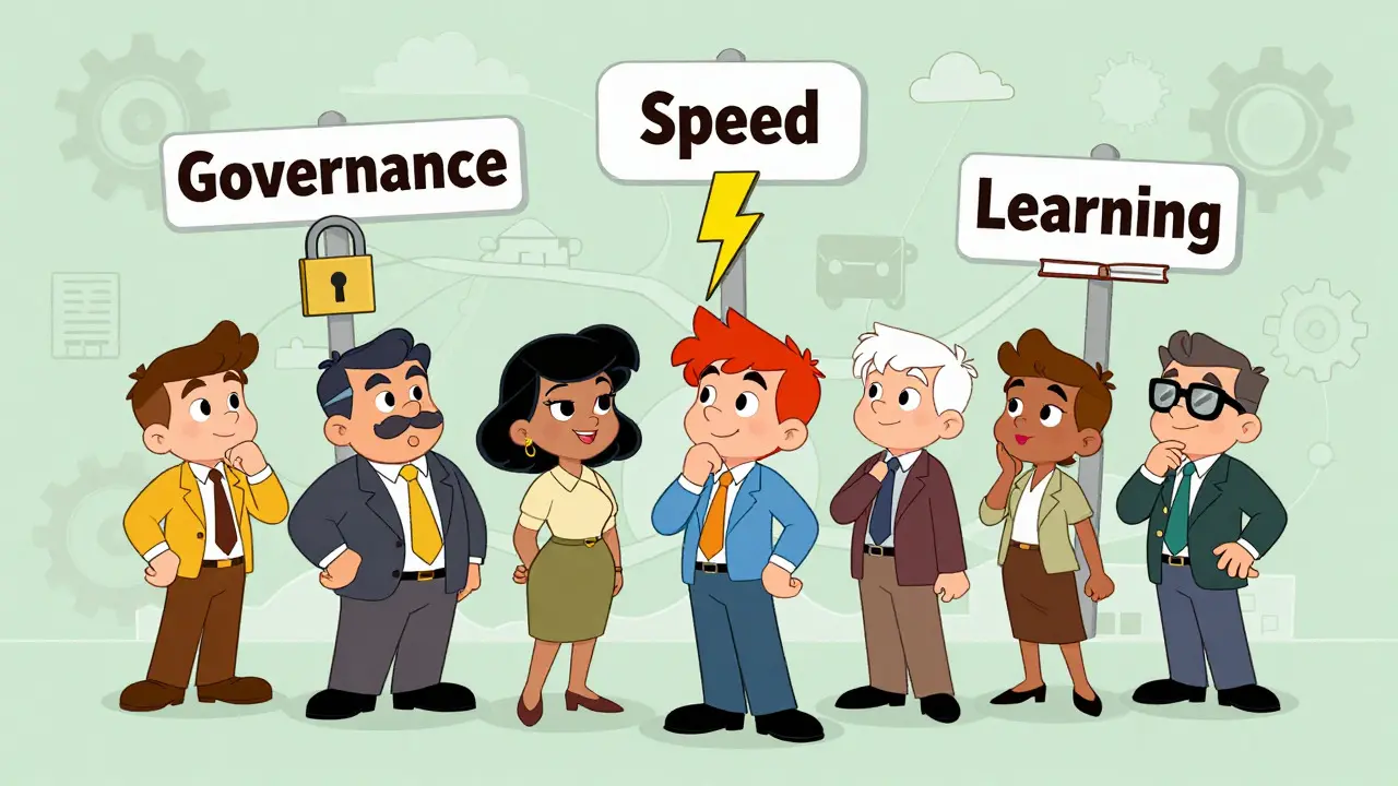 Professionals choosing certification paths in Hanna-Barbera style