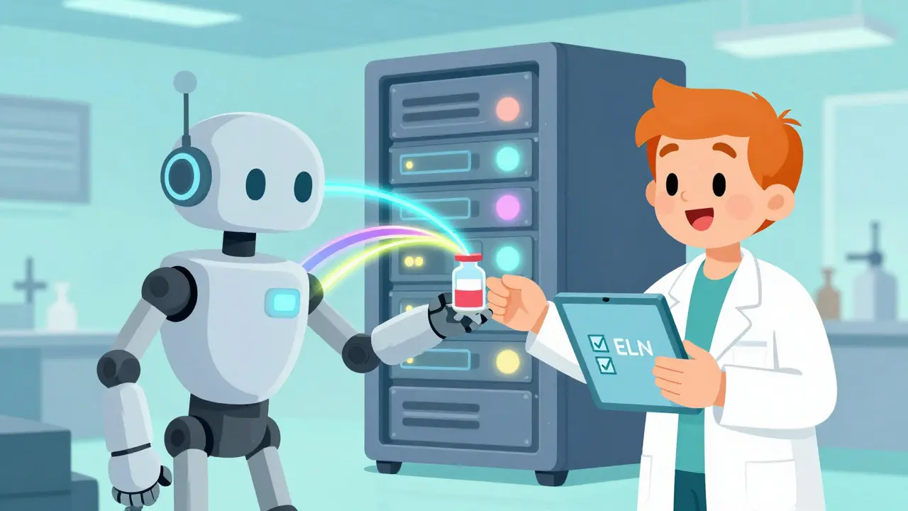 Robot arm handing a vial to a scientist in a Hanna-Barbera style integrated lab.