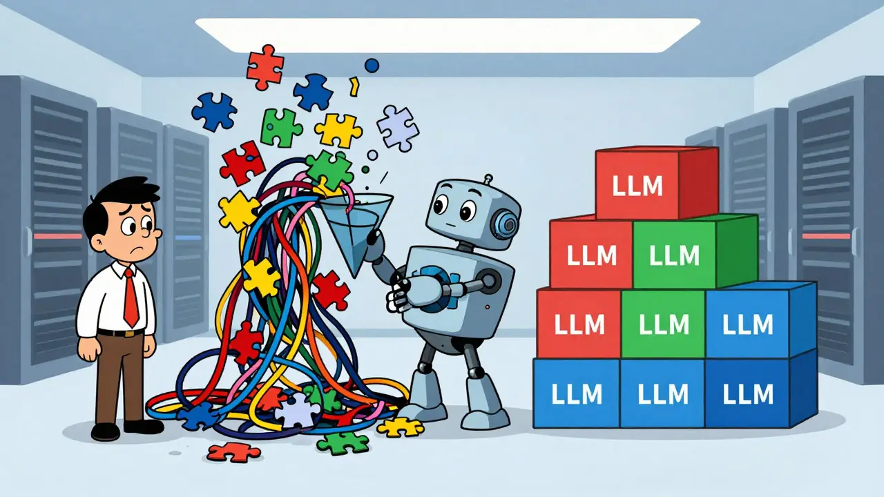 Robot arm organizing chaotic data into neat colored boxes in a server room