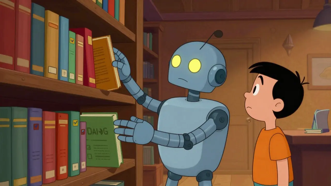 Robot librarian handing selected books to a human coder in a cartoon style
