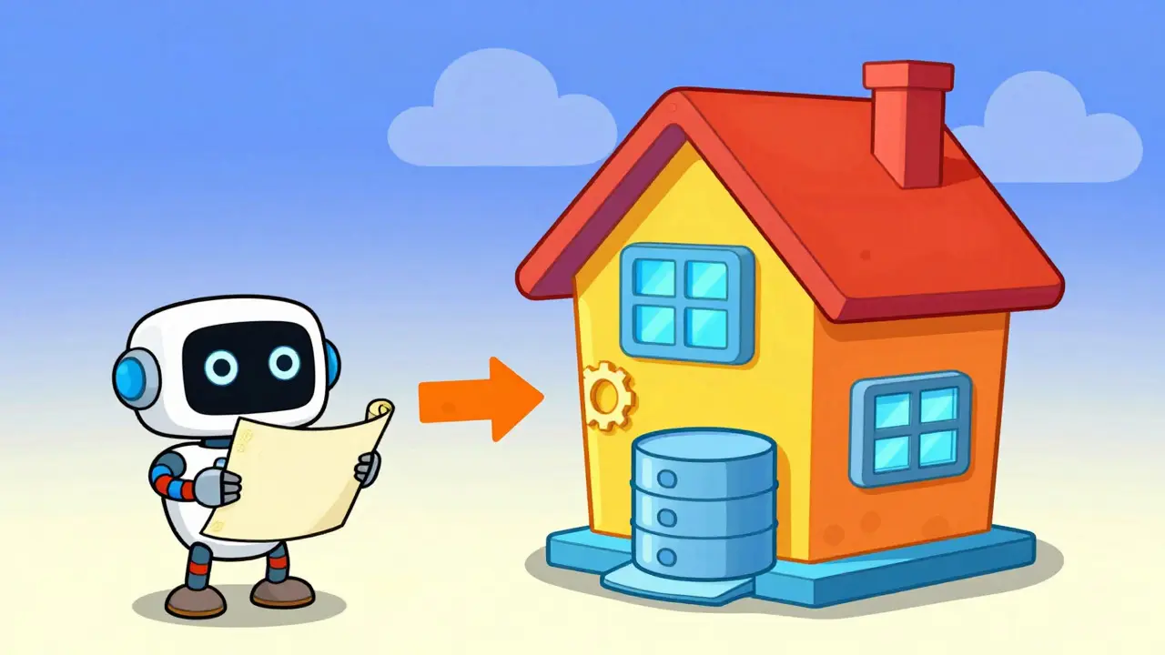 Robot transforming blueprint into full-stack app house