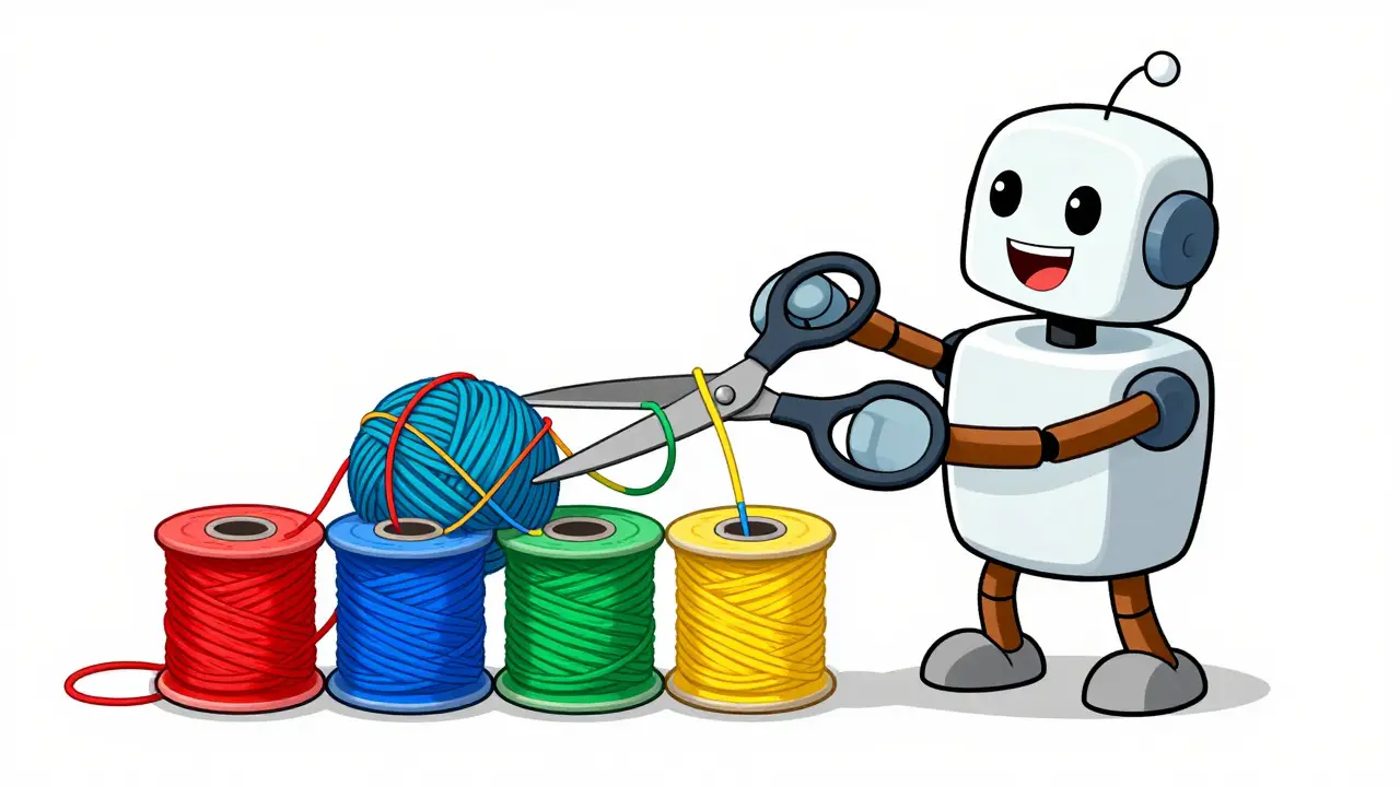 Robot untangling a ball of yarn into separate colored spools