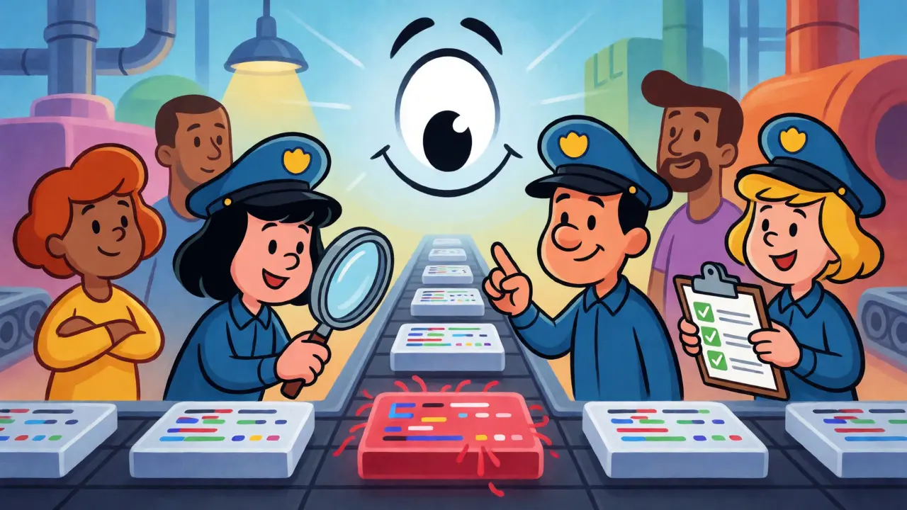 Security team inspecting AI-generated code on a conveyor belt
