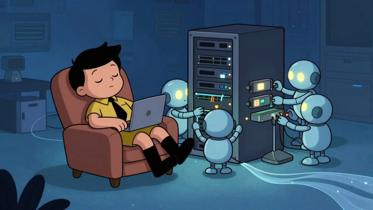 Sleeping engineer watched over by AI robots fixing a server tower in the dark