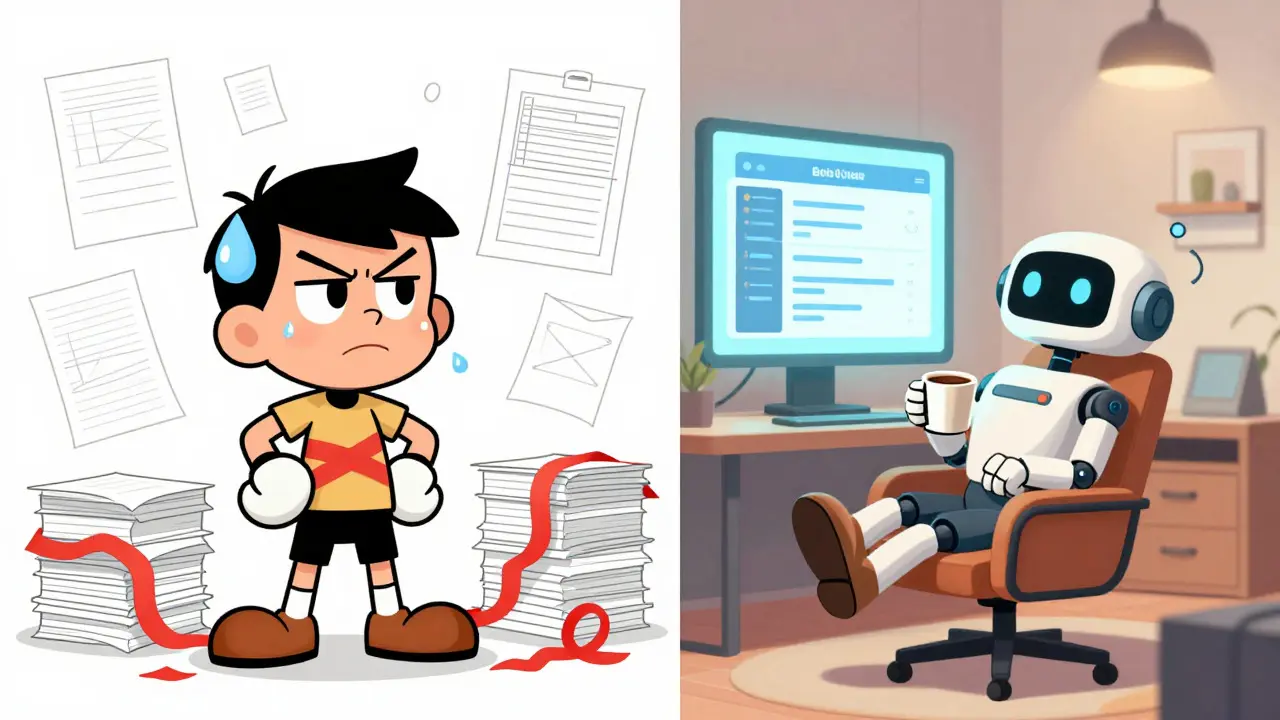 Split scene comparing frustrating manual design vs easy AI coding