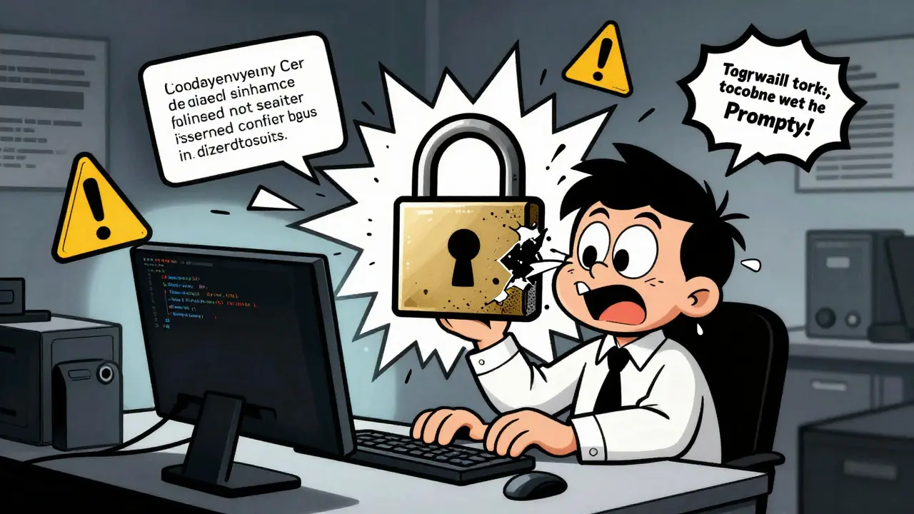Stressed cartoon developer debugging code amidst chaos and broken security locks