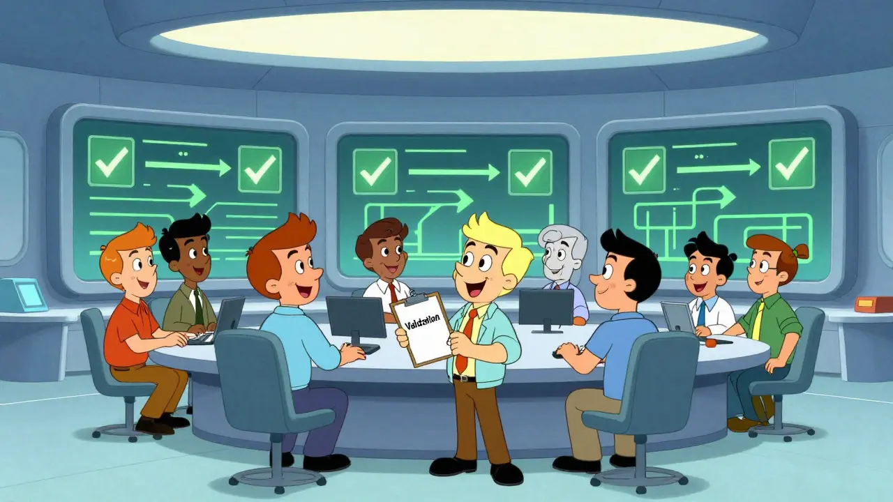 Team monitoring successful AI workflows in a retro-futuristic office