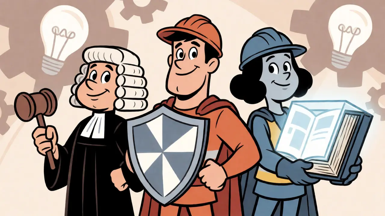 Three cartoon characters symbolizing Role, Rules, and Context