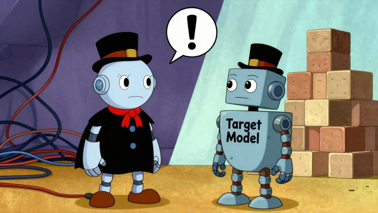 Two similar-looking robots facing each other with a warning sign overhead