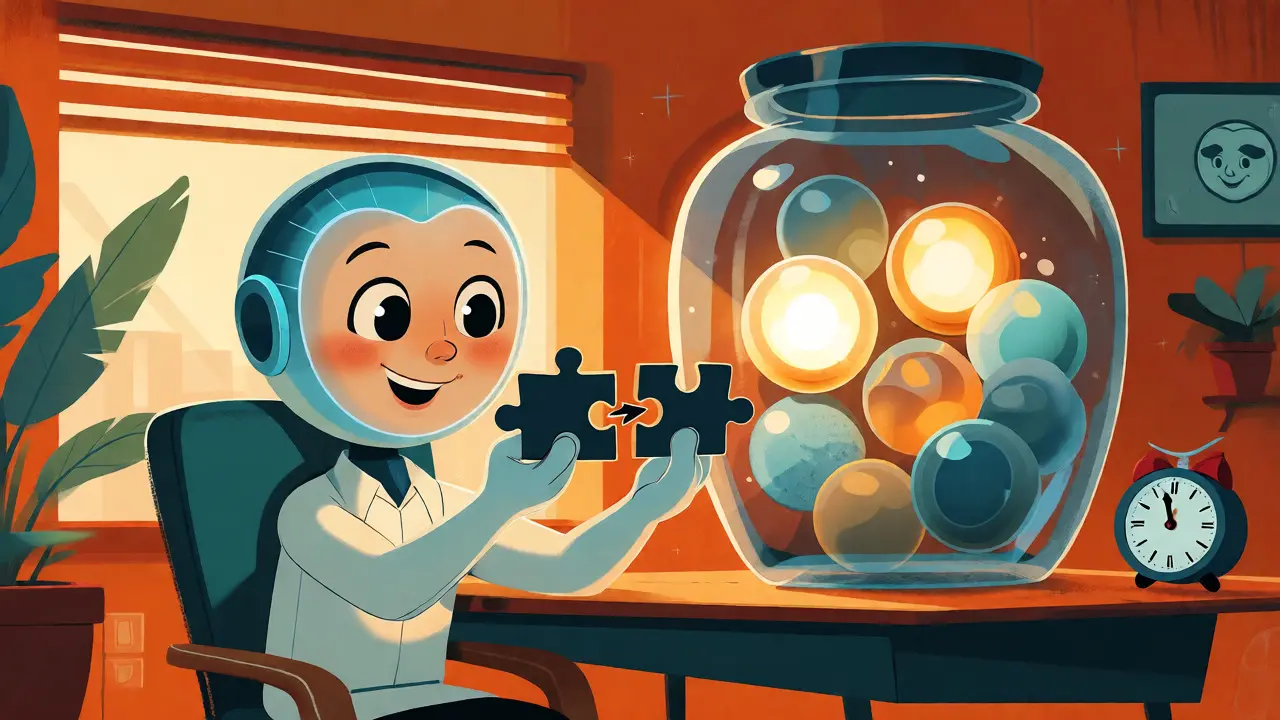 AI assistant matching puzzle pieces near a jar of glowing cache orbs