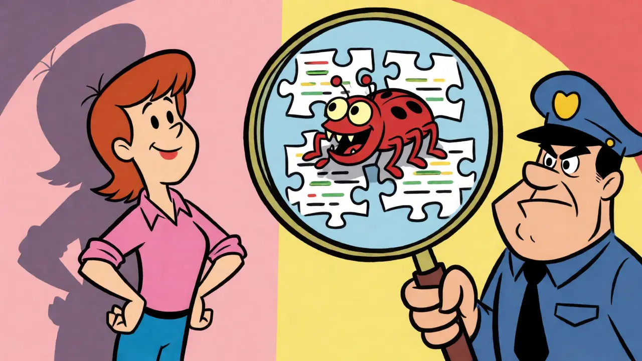 Cartoon bug crawling on code blocks under a magnifying glass next to an unaware developer.