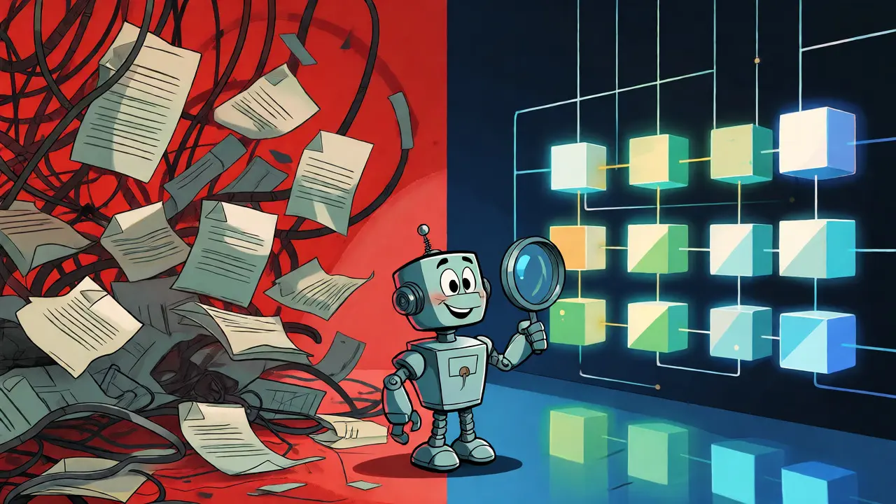 Cartoon comparison of messy unstructured data versus organized structured knowledge bases.