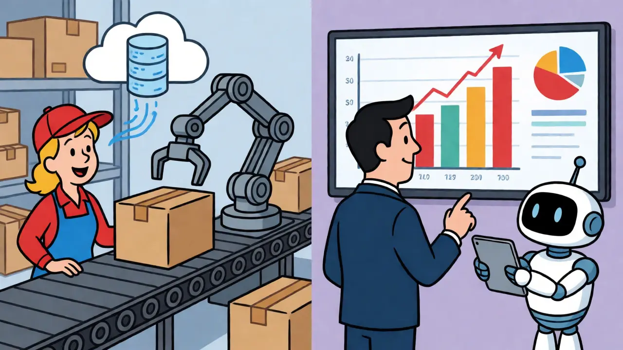 Cartoon depiction of automated e-commerce logistics and financial data visualization tools.