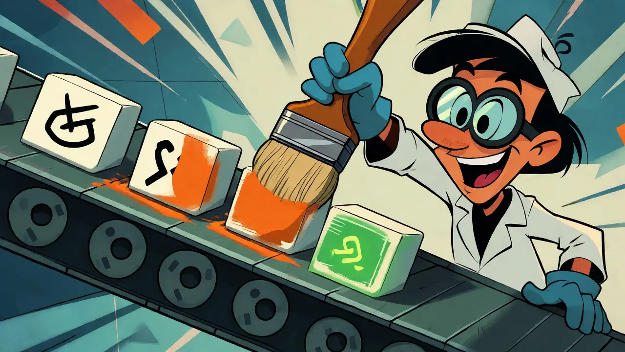 Cartoon engineer masking data blocks on a conveyor belt to illustrate loss masking.