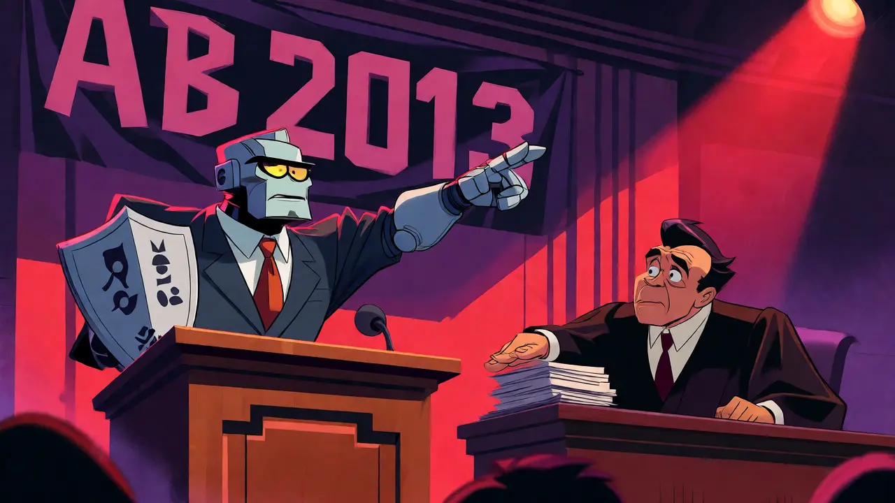 Cartoon robot lawyer arguing in court over AI disclosure laws