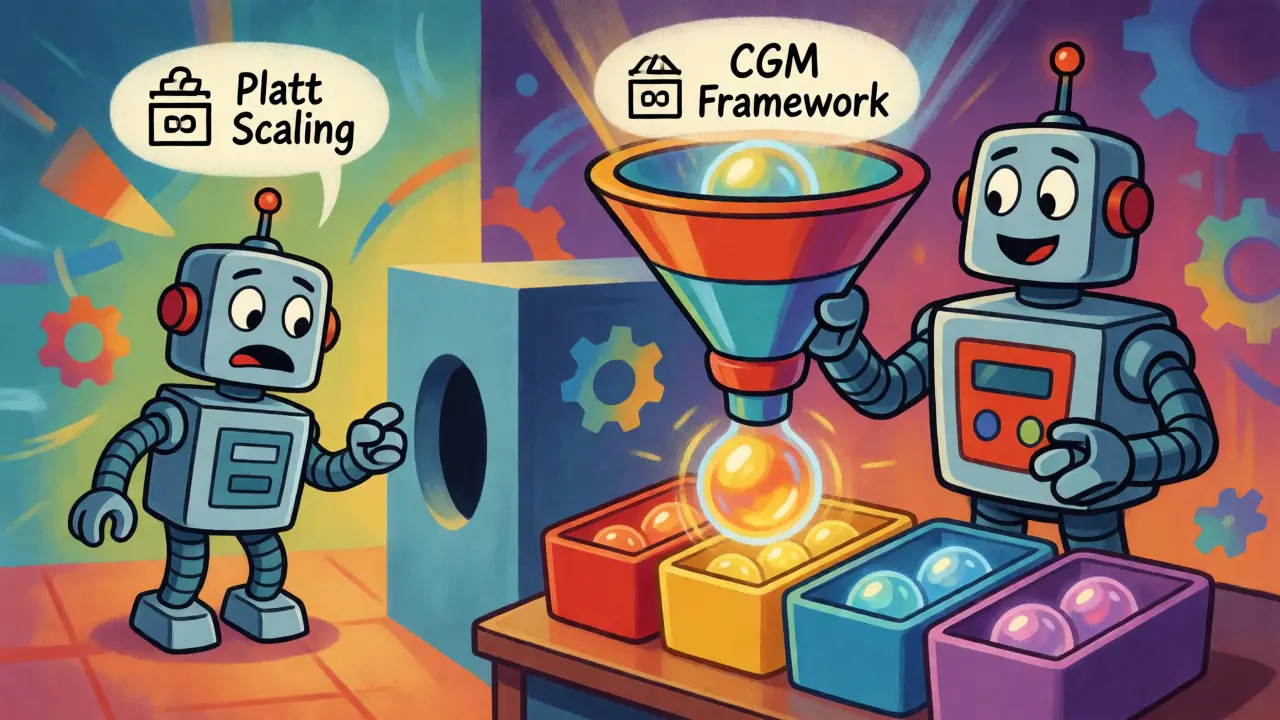 Cartoon robots comparing simple vs. complex AI calibration methods.