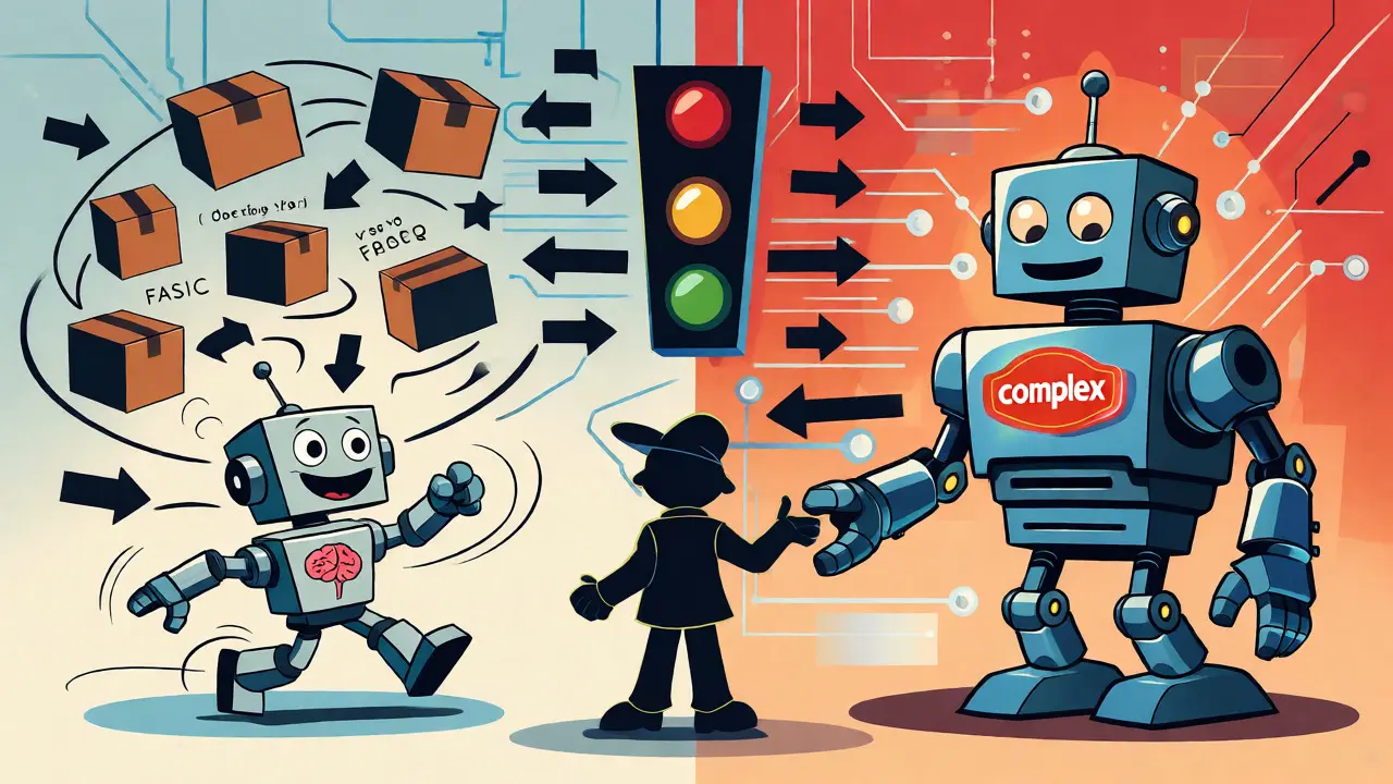 Cartoon robots splitting simple tasks from complex reasoning tasks