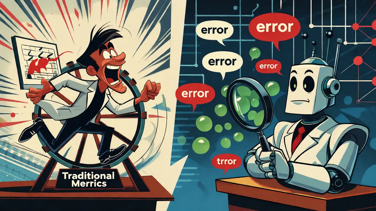 Cartoon scientists comparing chaotic traditional metrics with efficient AI judges.