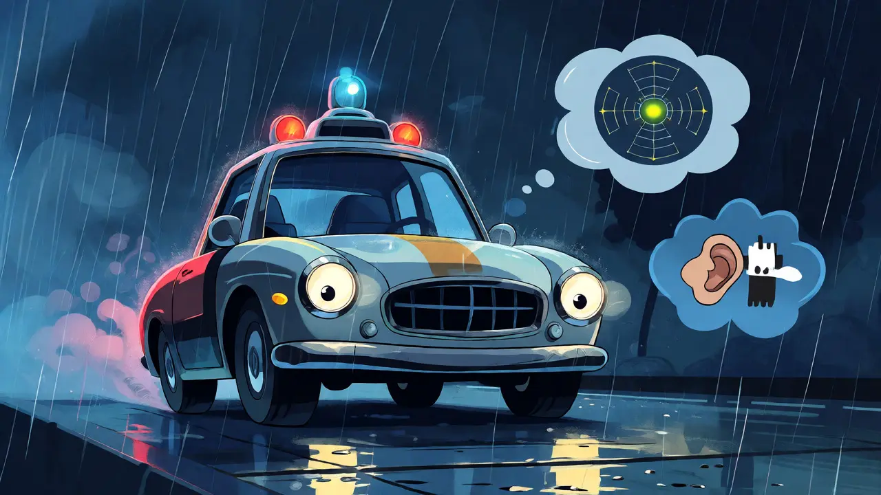 Cartoon self-driving car processing rain and sensor data