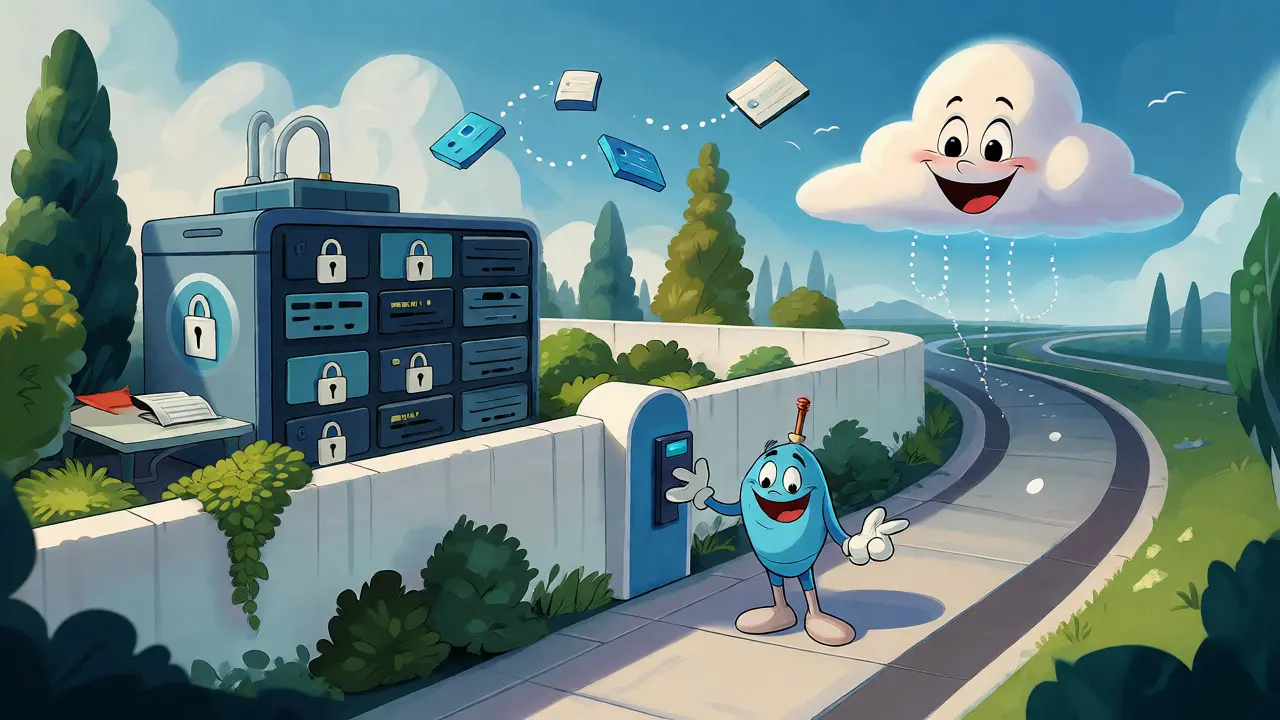 Cartoon showing secure local processing alongside external cloud access