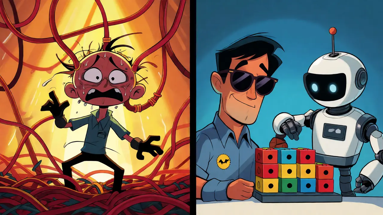 Cartoon split-screen contrasting chaotic spaghetti code with organized AI-assisted development.
