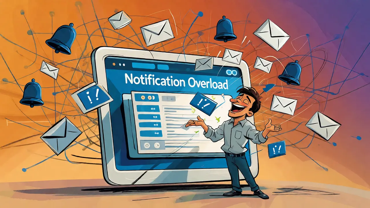 Developer juggling notification icons around a cartoon dashboard
