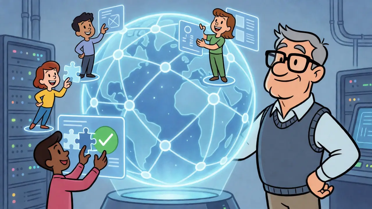 Developers and staff collaborating around a global network of AI-generated software nodes.