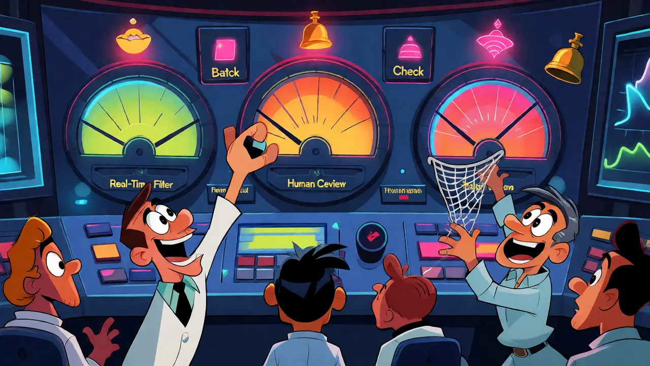 Engineers monitoring a colorful cartoon dashboard for LLM hallucination rates.