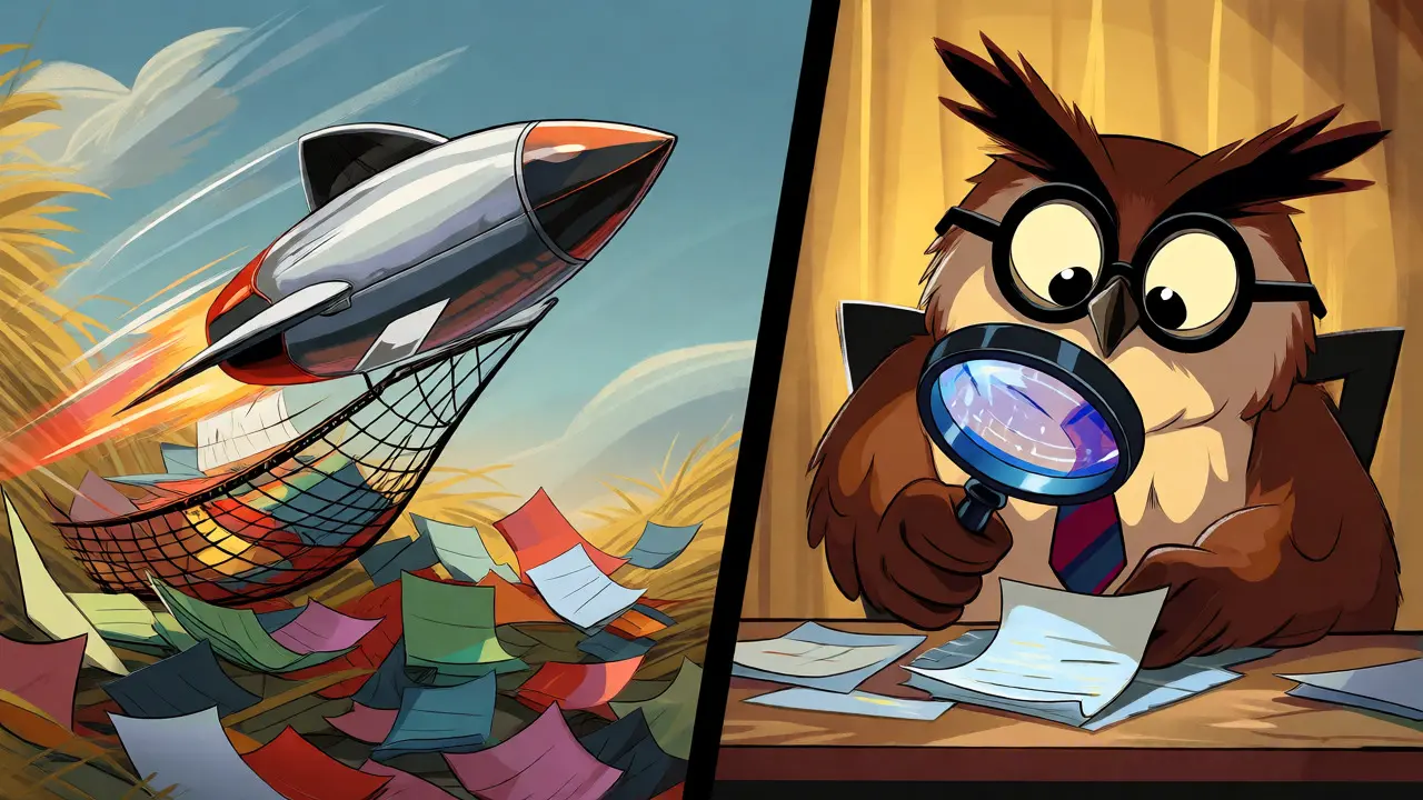 Fast rocket gathering papers while an owl carefully examines them, symbolizing two-stage retrieval.