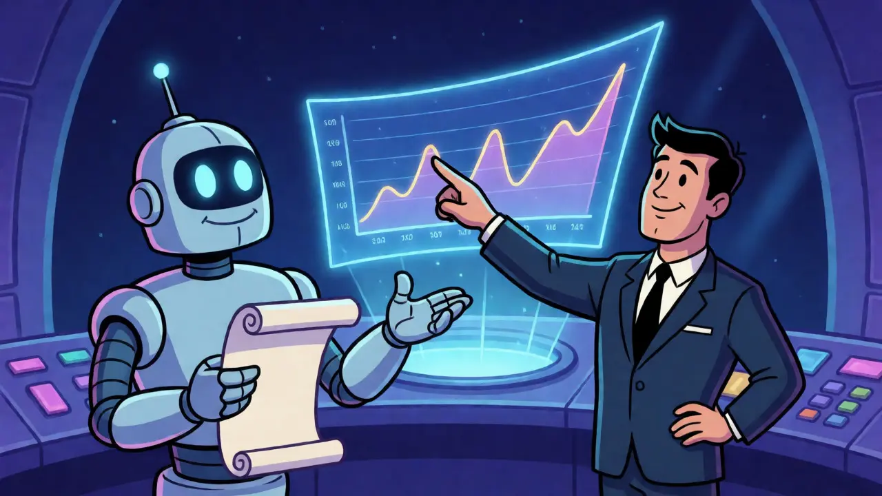 Finance professional collaborating with a robot AI assistant analyzing charts in a retro-futuristic room.