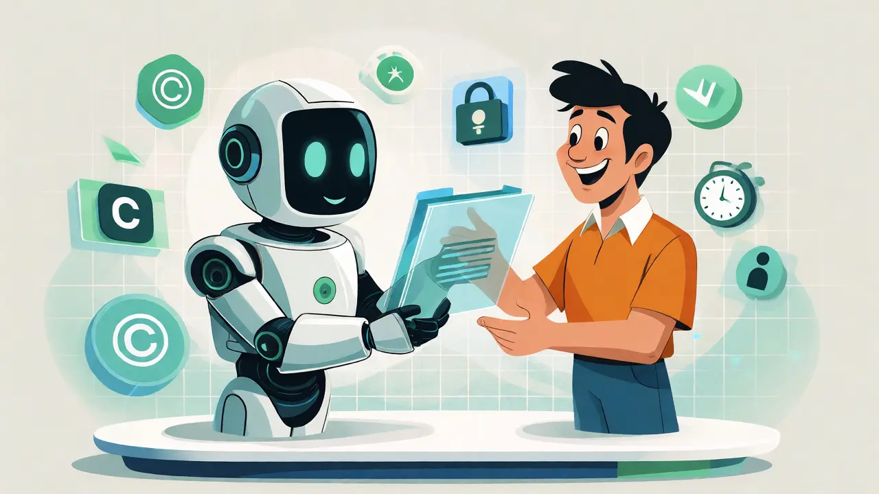 Friendly AI robot handing transparent data folder to happy user