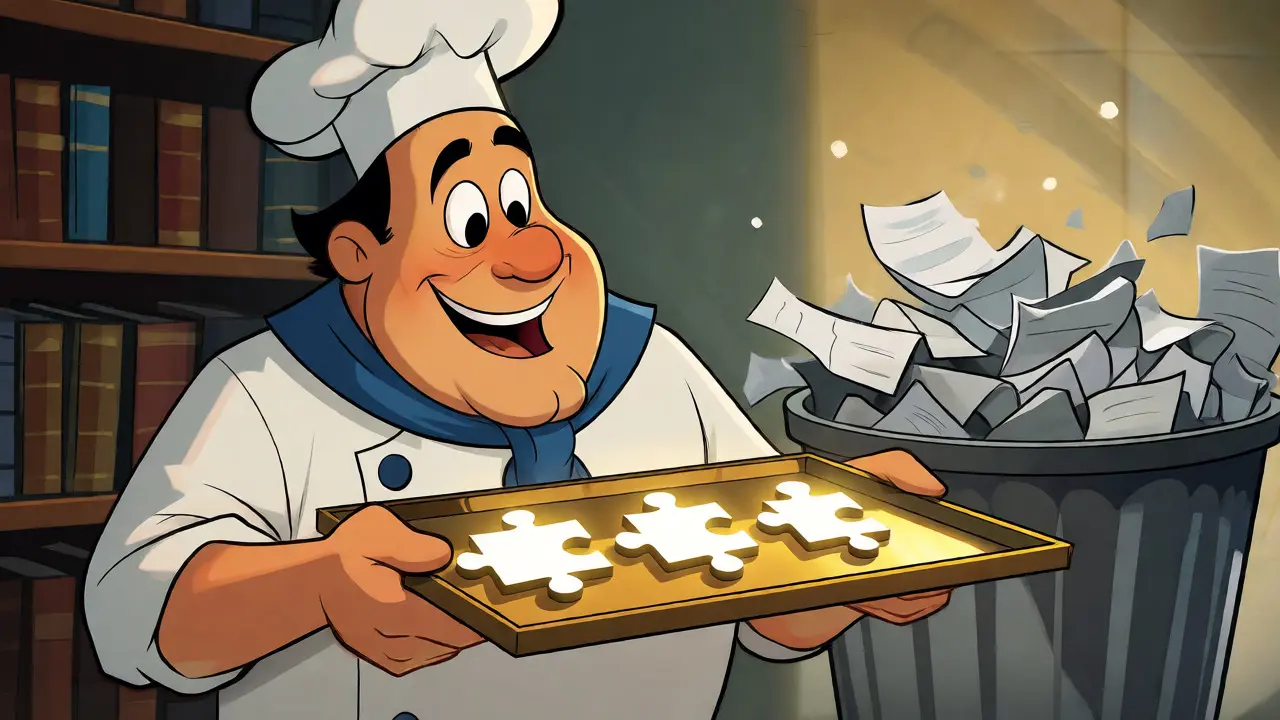 Friendly LLM character holding relevant puzzle pieces while discarding noisy background information.