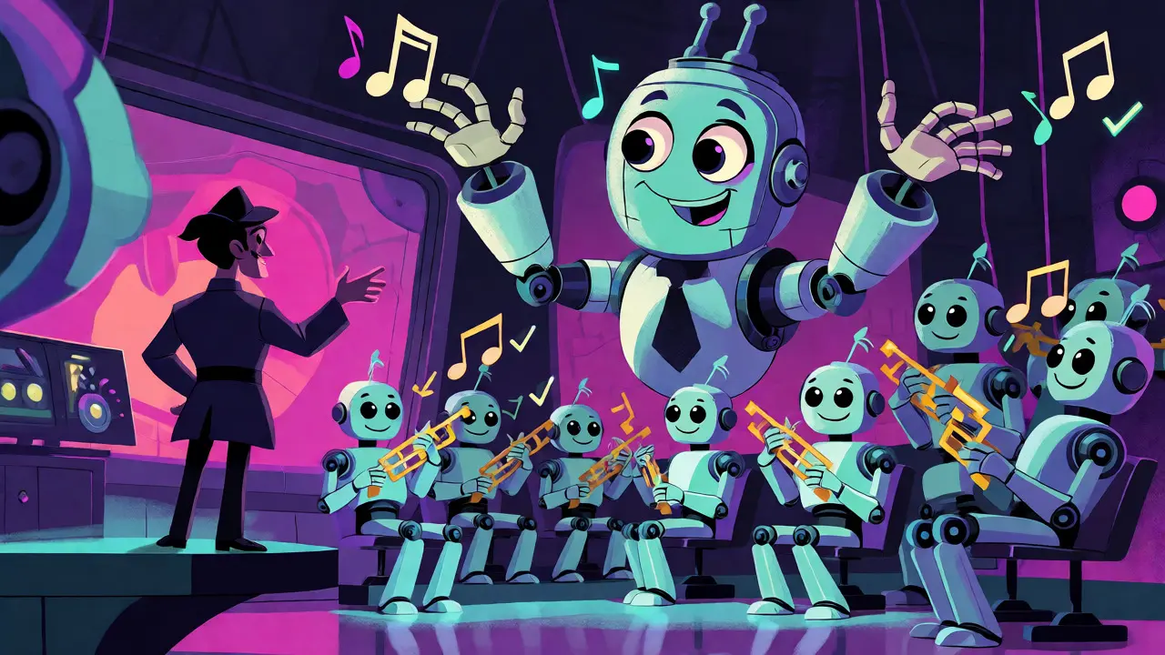 Futuristic cartoon scene of a human directing a robotic AI orchestra of code symbols.