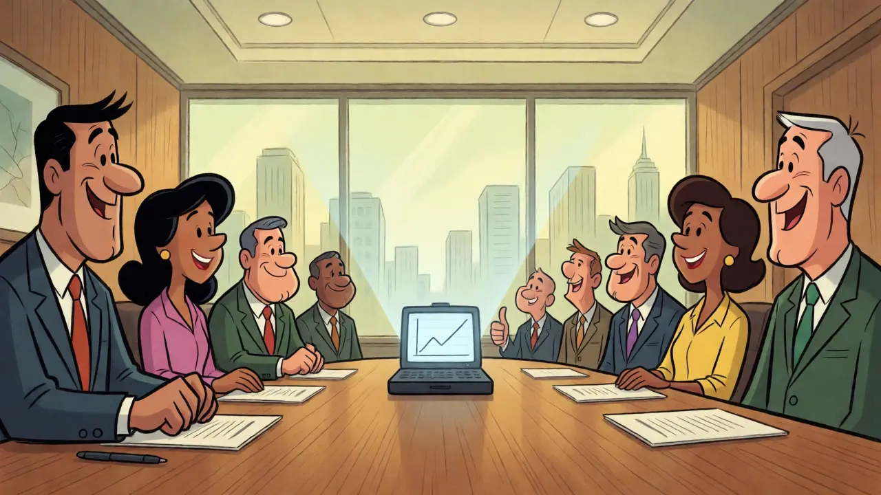 Happy executives reviewing clear financial insights on a device in a Hanna-Barbera boardroom.