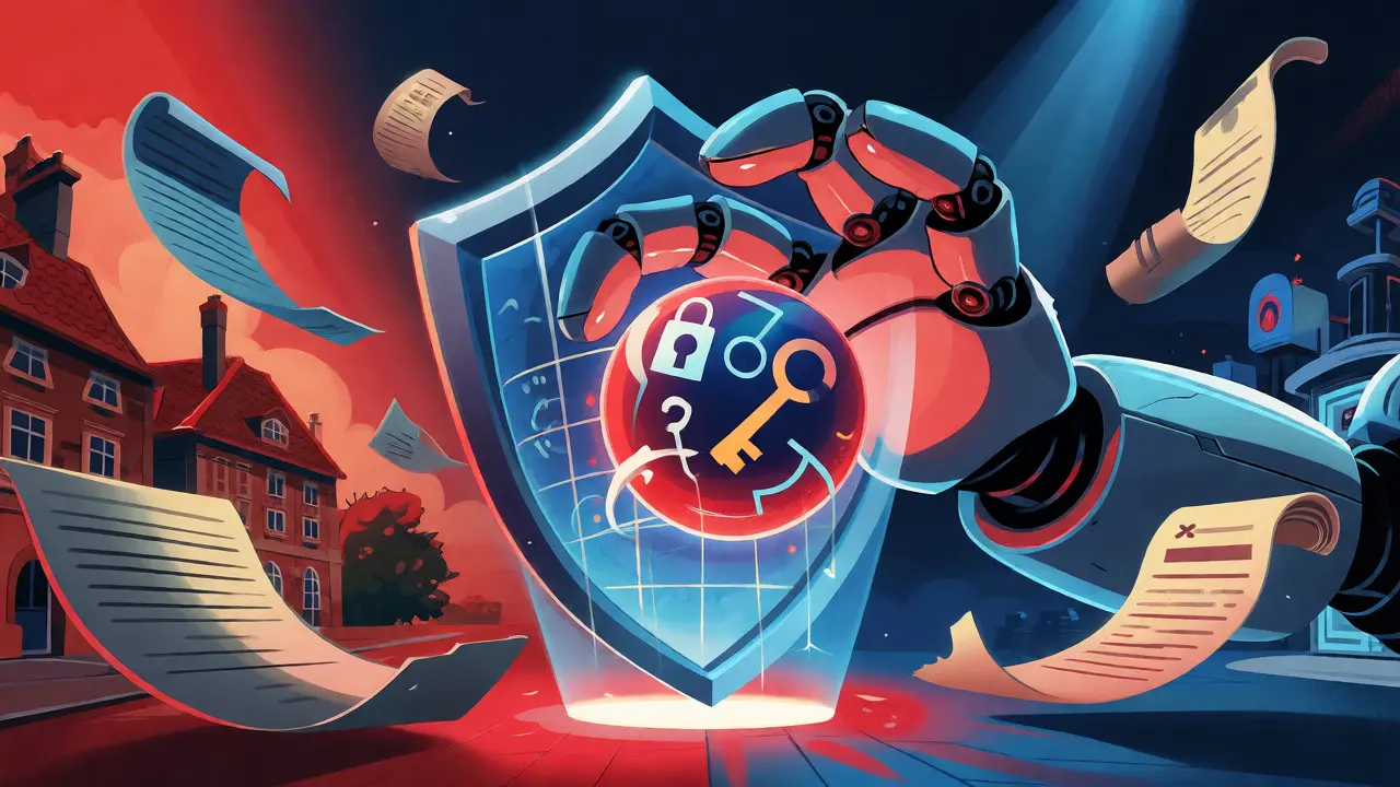 Illustration of a digital shield blocking a robot hand from grabbing a data orb.