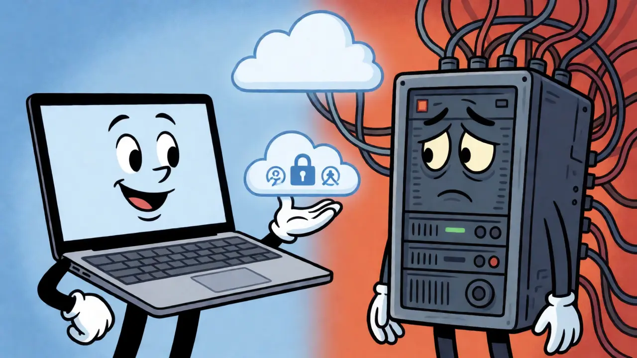 Laptop character comparing efficiency with tired server