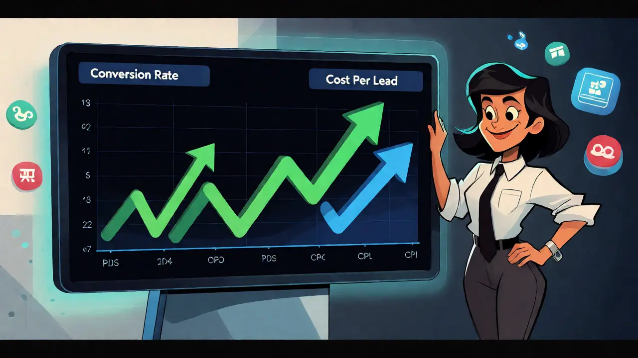 Marketer viewing successful conversion rate trends on a dashboard