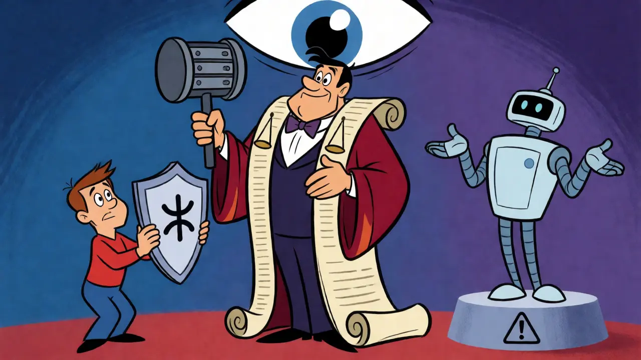 Regulator judging a developer and an AI robot in a courtroom-style cartoon scene.