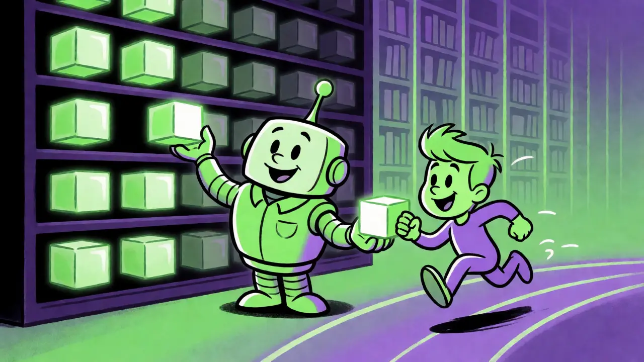 Robot librarian handing cached data cubes to a running model character
