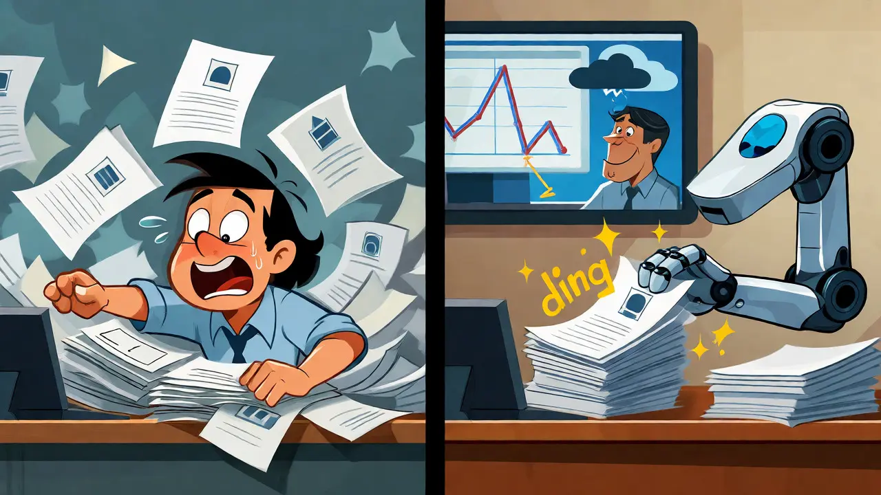 Robot sorting papers while IT manager monitors risk