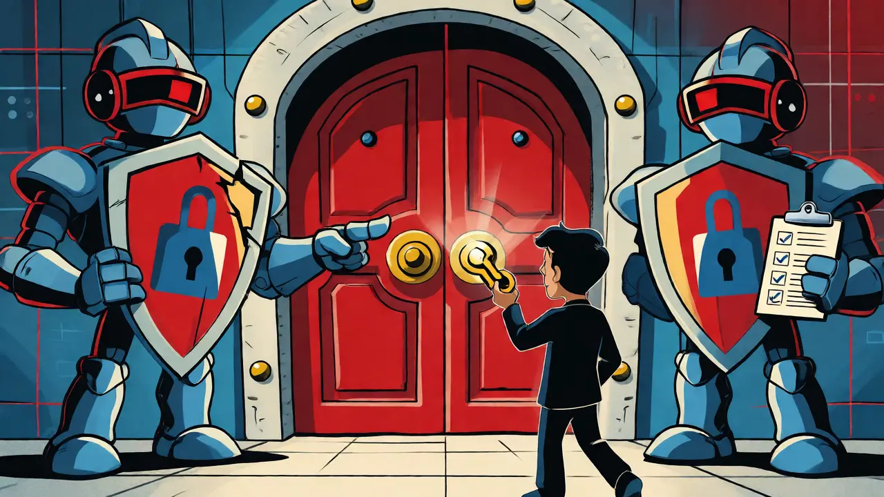 Robotic guards checking security keys at an authentication gate